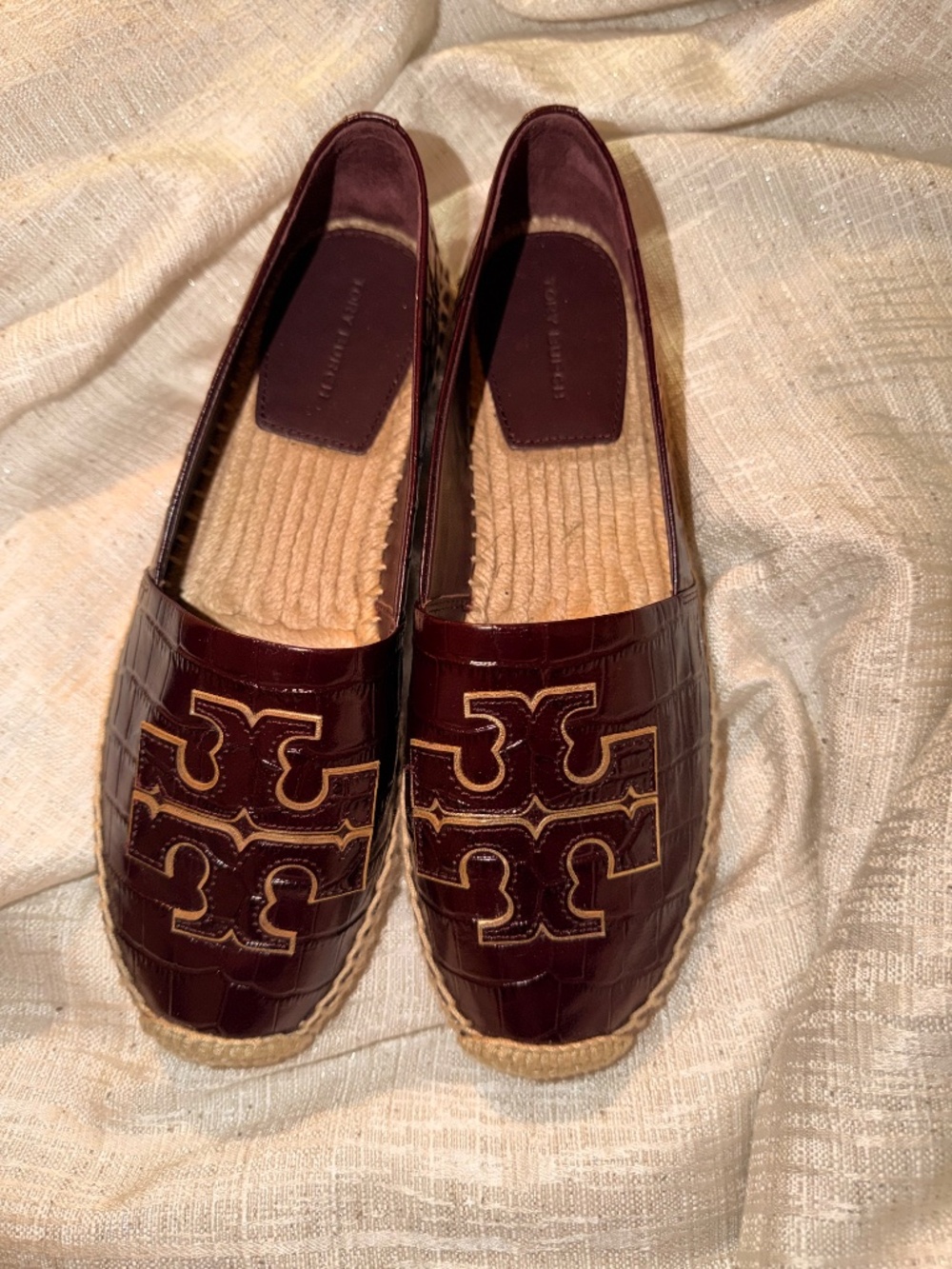 Tory Burch Burgundy Croc Logo Espadrilles
